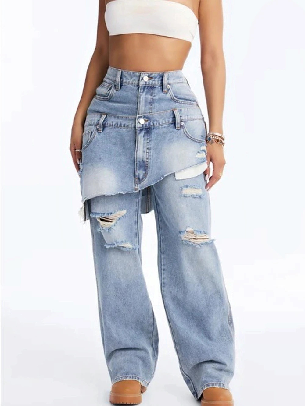 Strike It Up Skirt Overlay Ripped Jeans - Light Wash